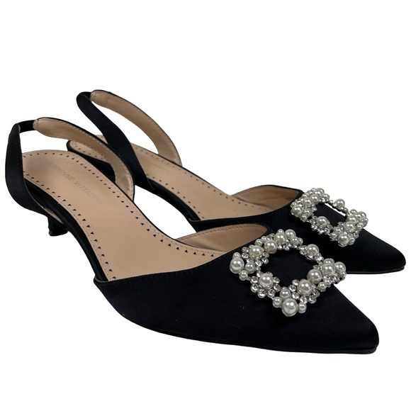 Adrienne Vittadini Suza Black Satin Slingback Kitten Heels Pearl Embellished - Picture 1 of 8